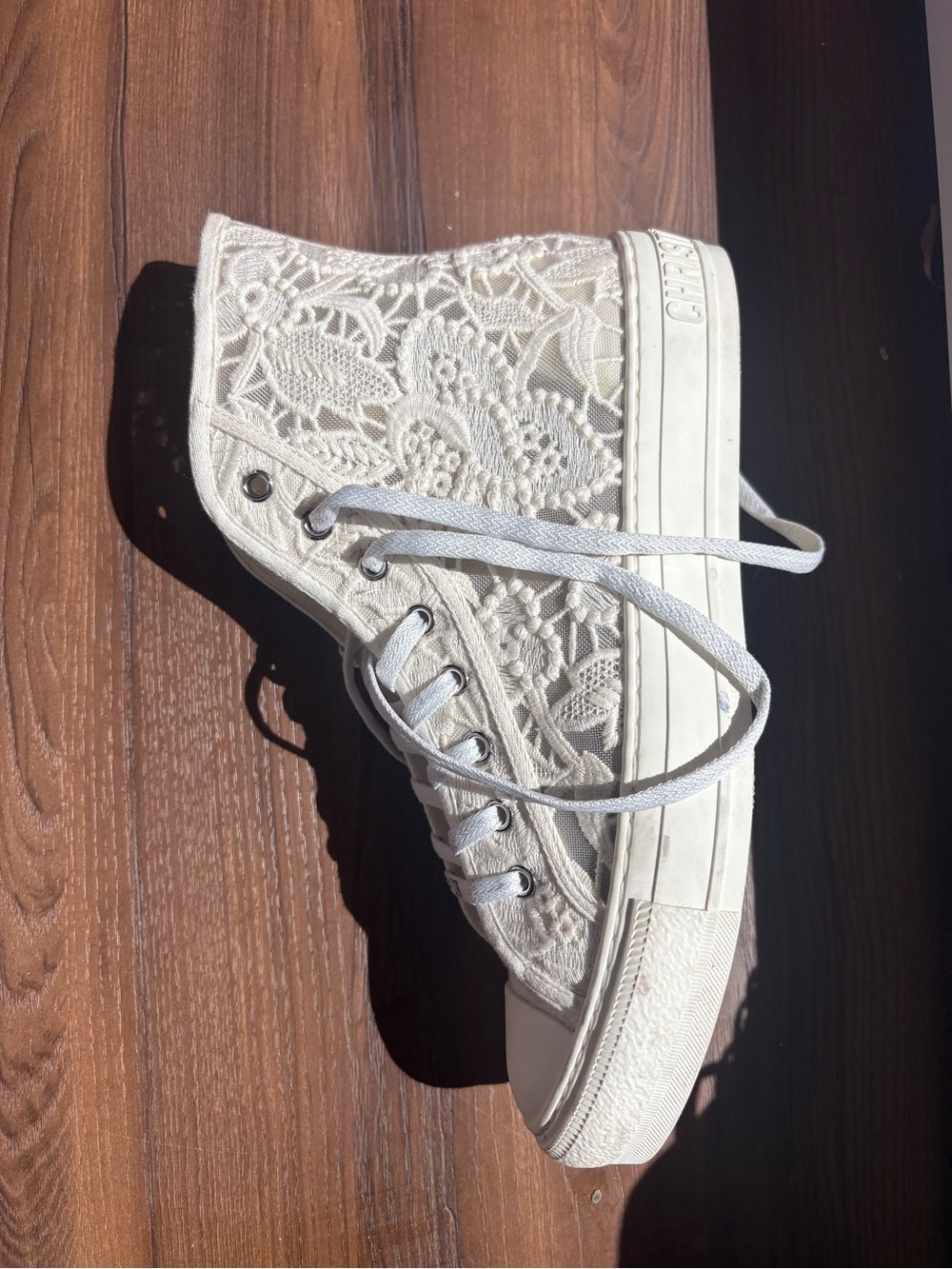 Women Walk’N’Dior High-Top Sneaker White Macramé Embroidered Cotton